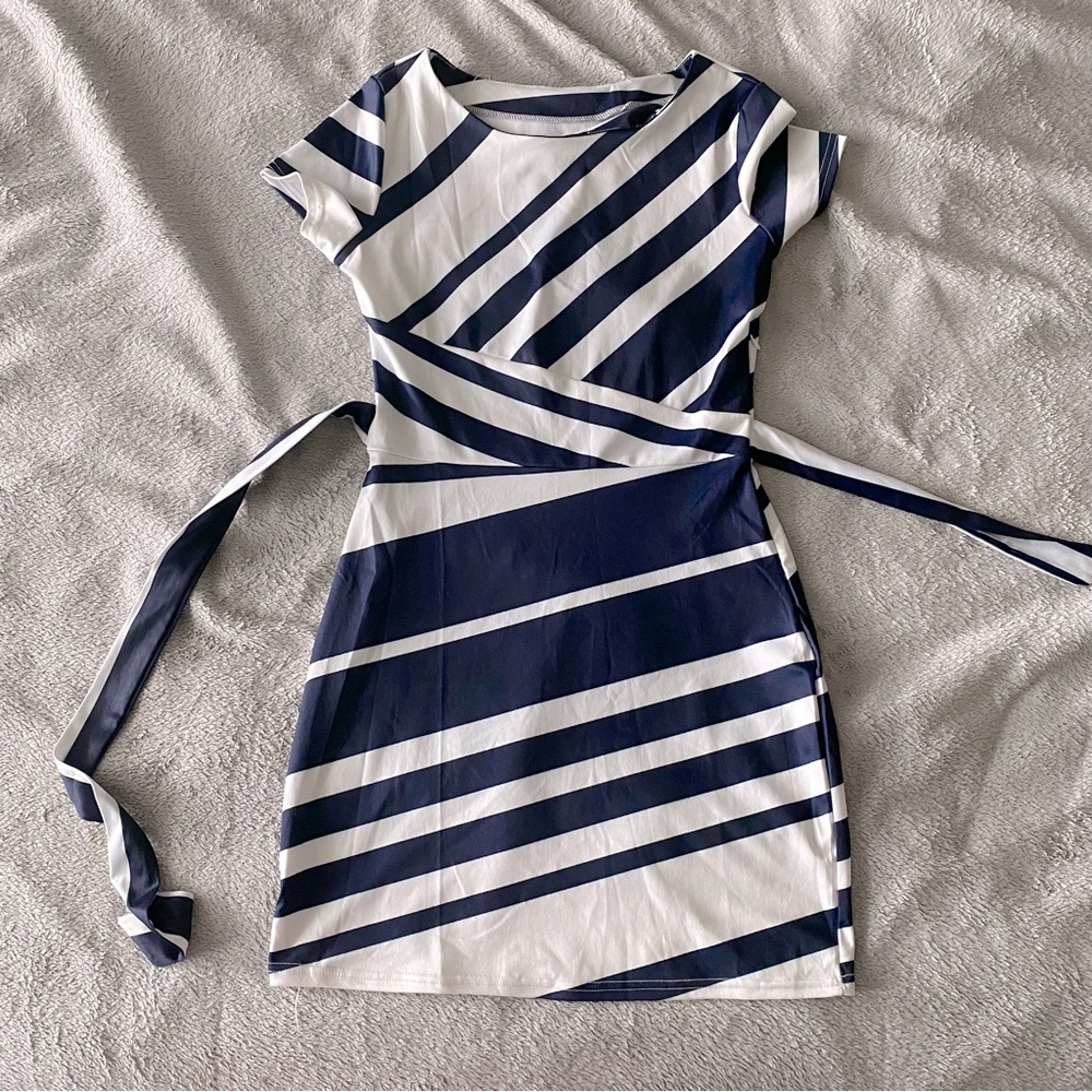 Blue and white striped dress